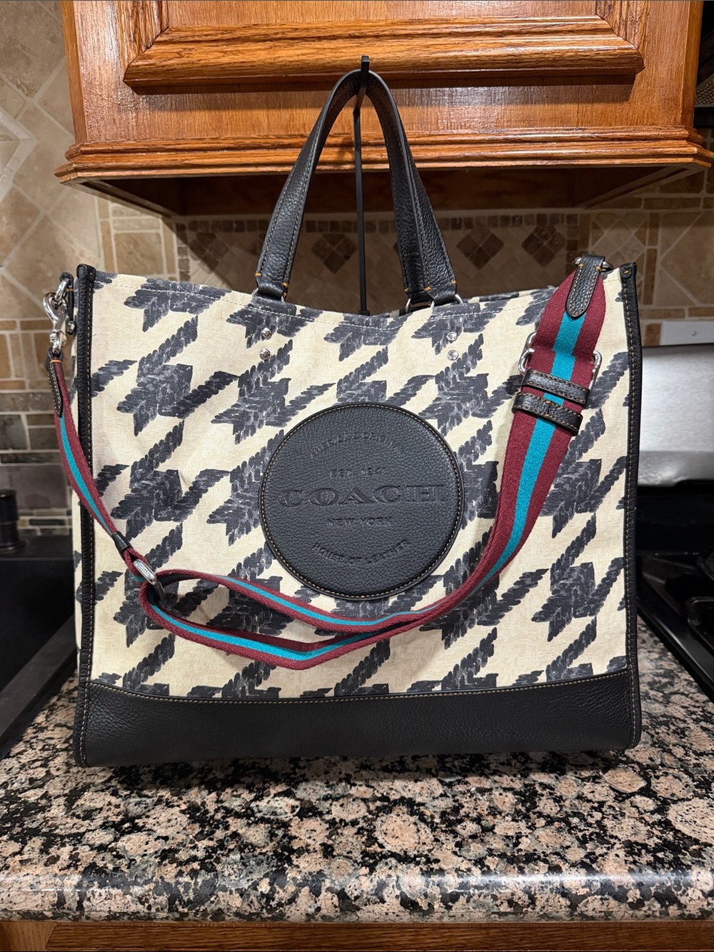 Coach Dempsey Tote 40 With Houndstooth Print And Patch
